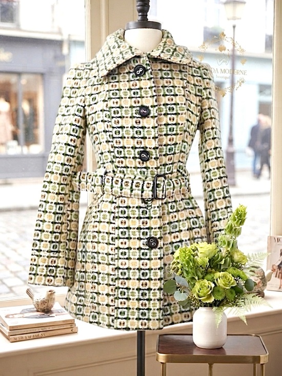 leshop Jackets & Blazers - Green, Yellow, and Cream Geometric Pattern Belted Trench Coat Austin Powers Vibe